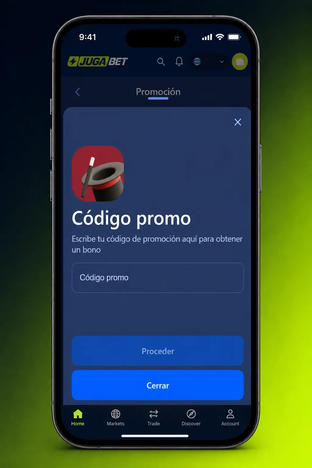 Activación del código promocional en la app de Jugabet desde el celular