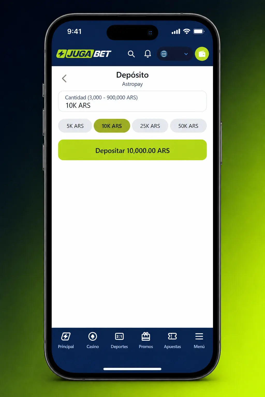 Activación del código promocional en la app de Jugabet desde el celular sin usar la versión de escritorio
