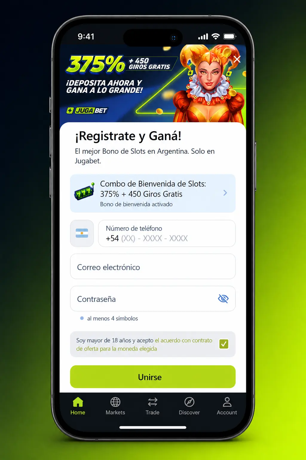 Activación del código promocional en la app de Jugabet desde el celular sin usar la versión de escritorio