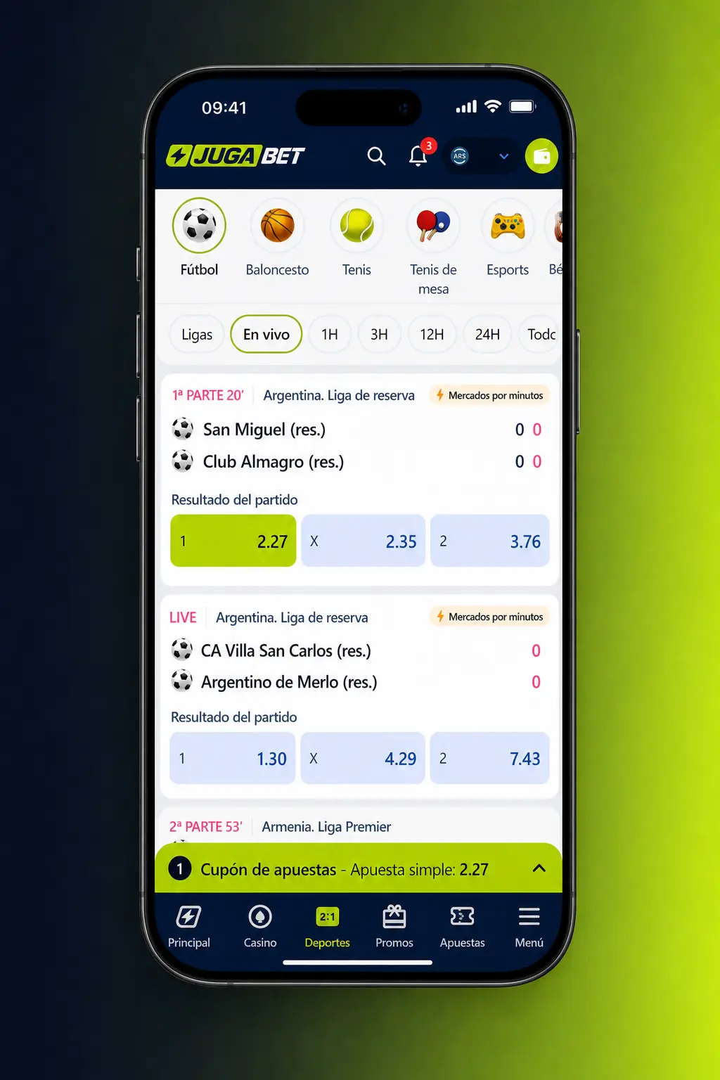 Apuestas de tenis en vivo en la app de Jugabet con estadísticas punto a punto y cuotas actualizadas.