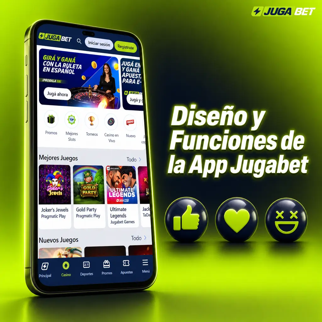 Diseño y funciones de la app Jugabet: interfaz azul y verde lima, apuestas en vivo, casino y navegación rápida con una sola mano.