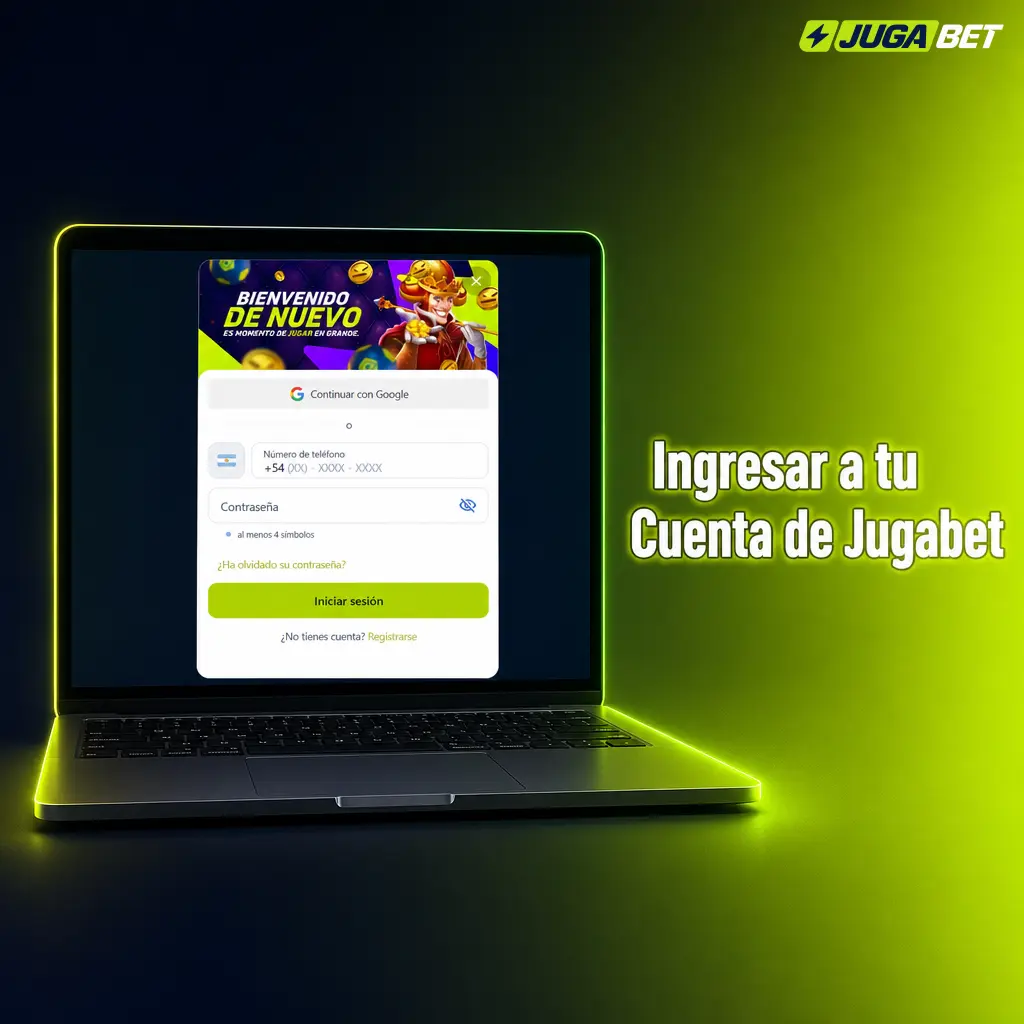 Pantalla de acceso a la cuenta de Jugabet con campos para correo o celular y contraseña.