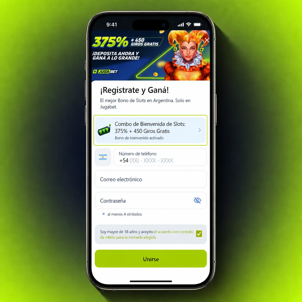 Pasos para crear una cuenta en la app Jugabet: registro con datos personales, credenciales y verificación por código.