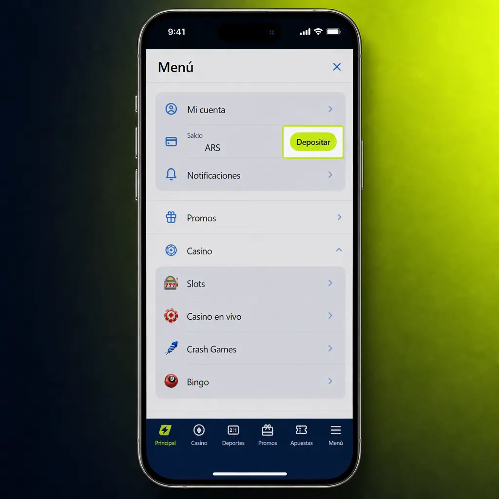 Pasos para depositar dinero en la app de Jugabet desde la sección Caja, eligiendo el método de pago preferido.