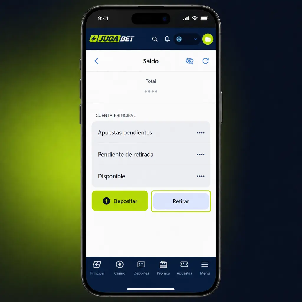 Pasos para retirar ganancias en la app Jugabet: elegí método, ingresá monto y verificá los datos de destino.