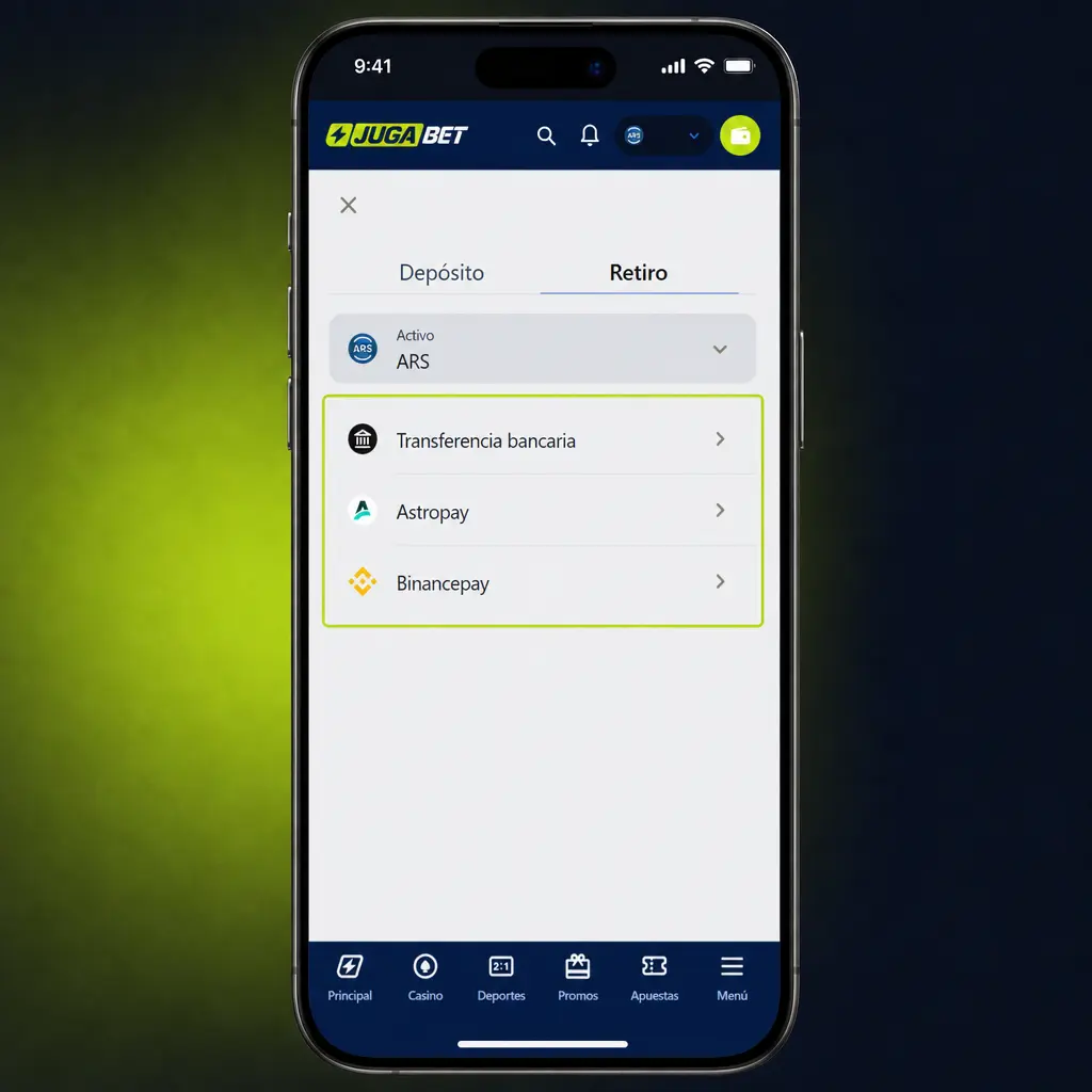 Pasos para retirar ganancias en la app Jugabet: seleccioná el método, ingresá el monto y confirmá los datos de destino.