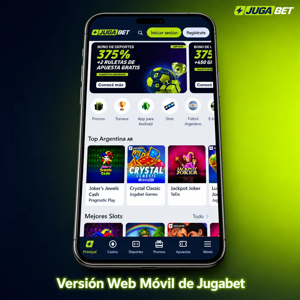 Versión web móvil de Jugabet: apostá desde el navegador sin descargar la app, con diseño adaptable a cualquier pantalla.